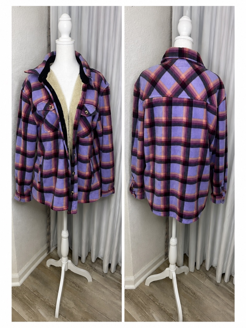 Sage Collective Purple Plaid Sherpa Lined Fleece Shacket Jacket - Women's L - Picture 2 of 8